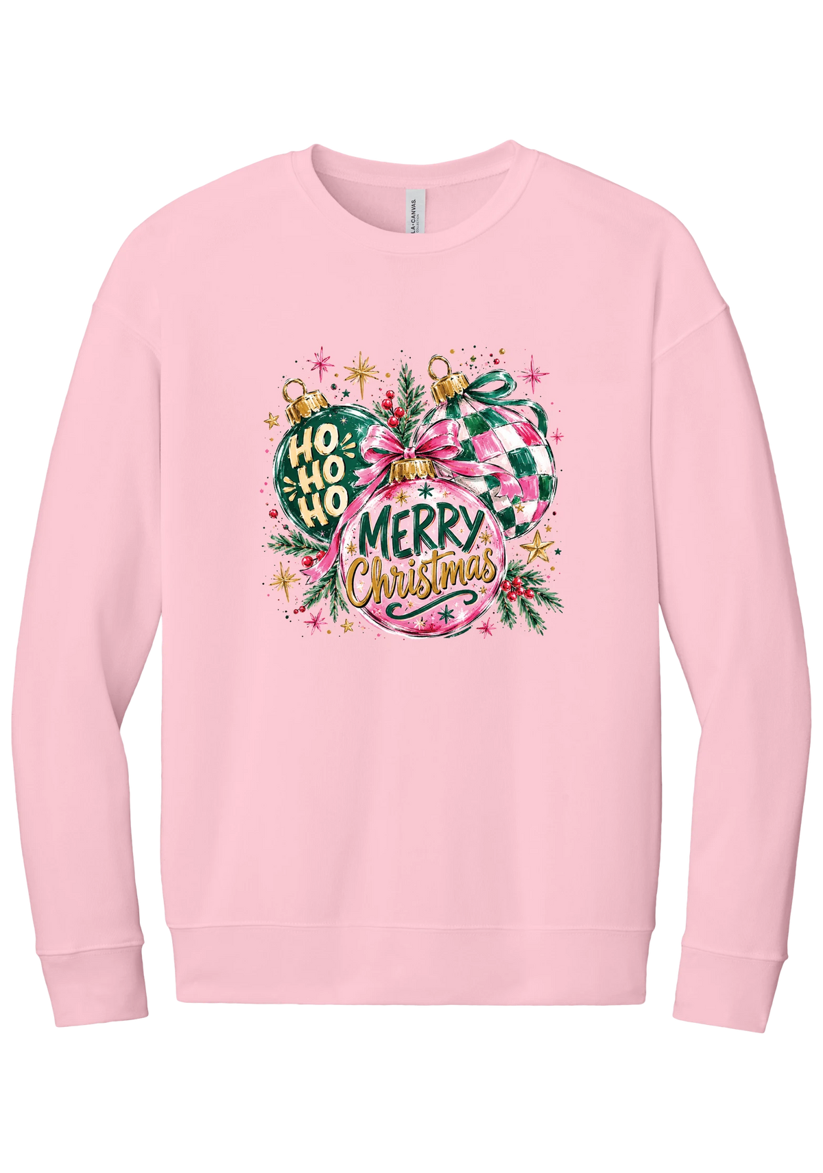 Preppy Christmas Decorations crewneck sweatshirt in Pink, featuring preppy pink and green Christmas ornaments with checkerboard, ribbon bows, HO HO HO, and Merry Christmas in gold script