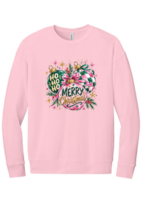 Preppy Christmas Decorations crewneck sweatshirt in Pink, featuring preppy pink and green Christmas ornaments with checkerboard, ribbon bows, HO HO HO, and Merry Christmas in gold script