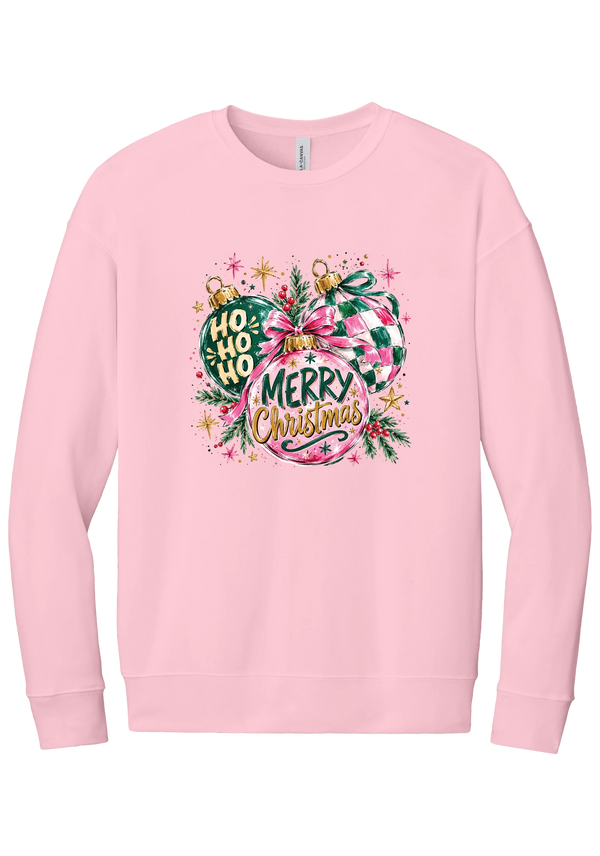Preppy Christmas Decorations crewneck sweatshirt in Pink, featuring preppy pink and green Christmas ornaments with checkerboard, ribbon bows, HO HO HO, and Merry Christmas in gold script
