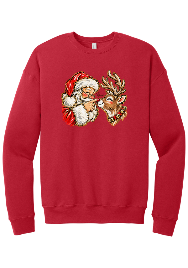 Santa and Rudolph Boop crewneck sweatshirt in Red, featuring a hand-painted vintage Santa booping a smiling reindeer on its red nose