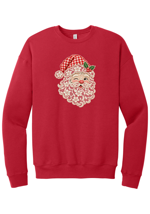 Vintage Lace Santa crewneck sweatshirt in Red, featuring a winking Santa face in a vintage lace-look print with a cream floral beard, red gingham hat, and holly