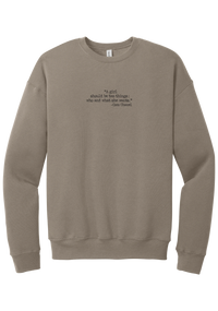Coco Chanel Who and What Quote crewneck sweatshirt in Tan, featuring A girl should be two things who and what she wants in distressed black typewriter letters