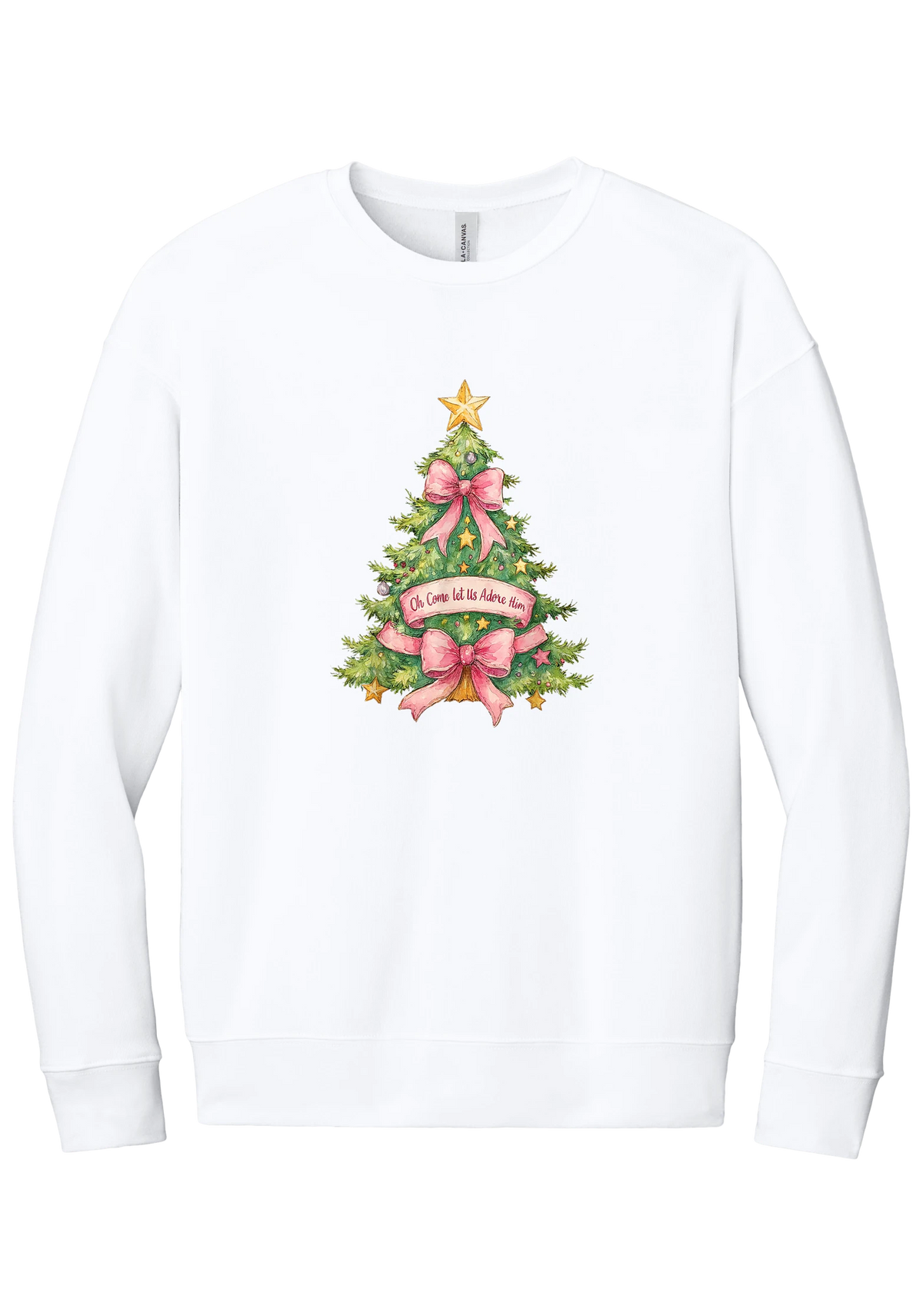 Adore Him Bow Tree crewneck sweatshirt in White, featuring a green Christmas tree with pink bows, a gold star, and an Oh Come Let Us Adore Him banner