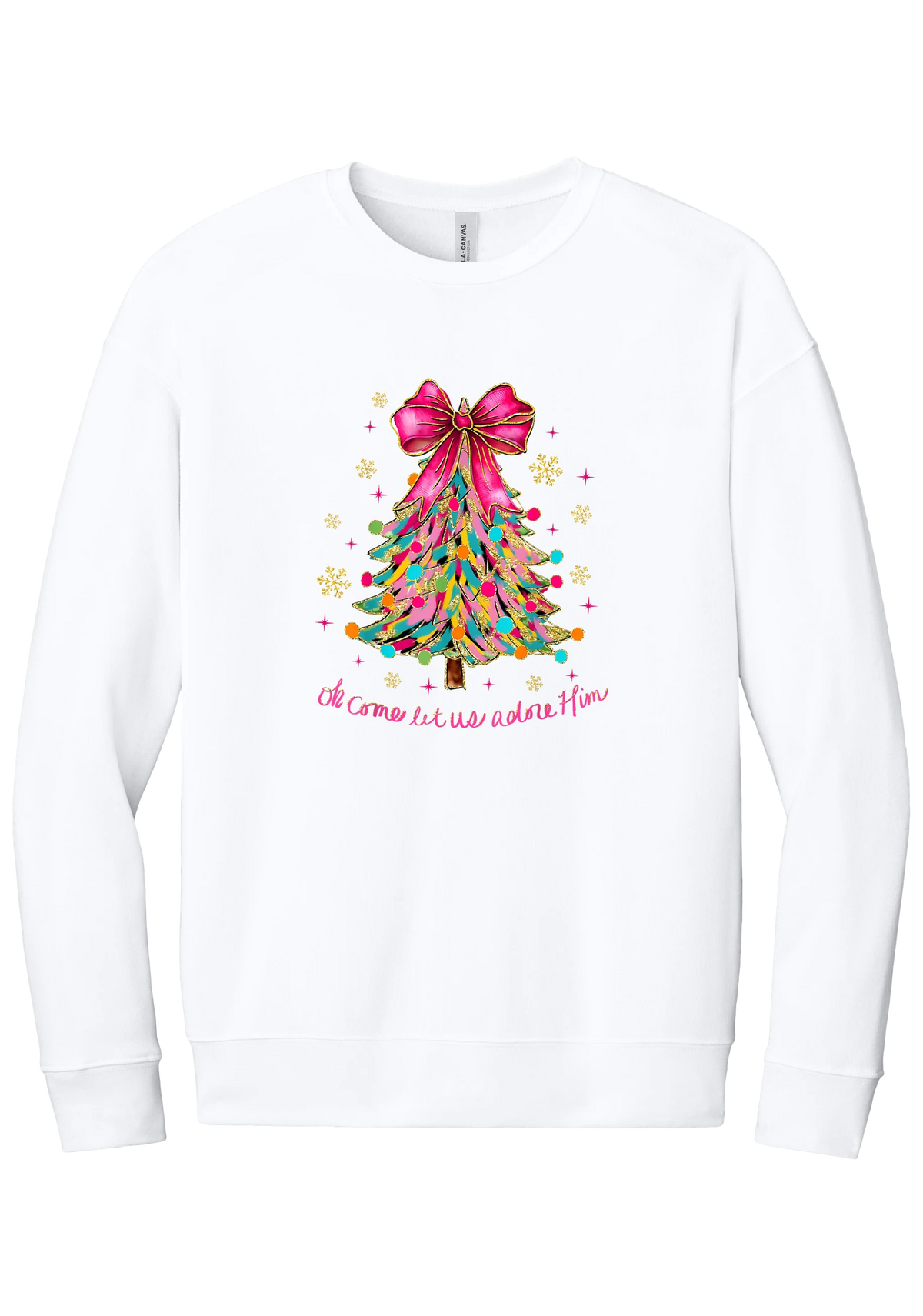Adore Him Ribbon Tree crewneck sweatshirt in White, featuring a colorful ribbon Christmas tree with a pink bow over Oh Come Let Us Adore Him script