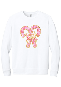 Candy Cane Bow crewneck sweatshirt in White, featuring two pink glitter candy canes tied with a leopard heart bow and gold trim