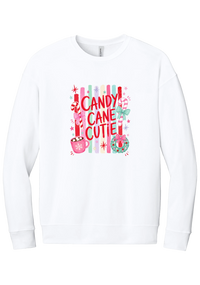 Candy Cane Cutie crewneck sweatshirt in White, featuring red CANDY CANE CUTIE letters on pastel stripes with candy canes, cocoa, and bows