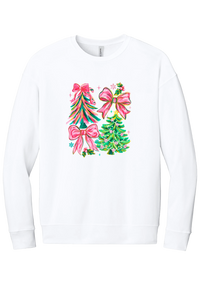 Christmas Tree Bows crewneck sweatshirt in White, featuring painted pink and green Christmas trees with big pink satin bows