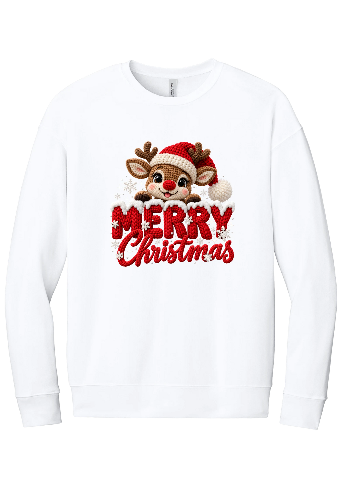 Crocheted Rudolph Merry Christmas crewneck sweatshirt in White, featuring a crochet-style reindeer in a Santa hat peeking over knit-texture Merry Christmas lettering with snowflakes