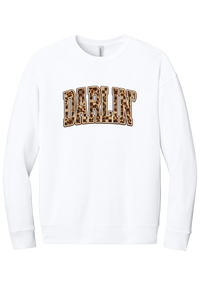 Darlin' crewneck sweatshirt, Leopard Checker design, in White, featuring arched varsity DARLIN' letters filled with leopard and checker print