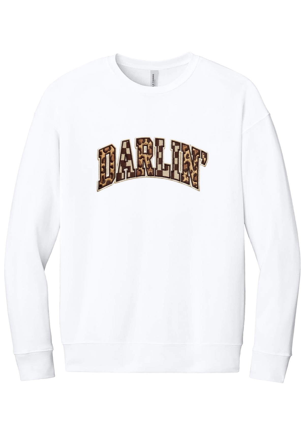 Darlin' crewneck sweatshirt, Patchwork design, in White, featuring arched varsity DARLIN' letters filled with leopard and checker print