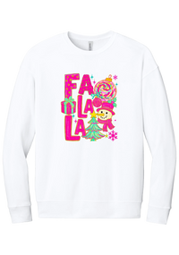 Fa La La Snowman crewneck sweatshirt in White, featuring stacked hot pink FA LA LA letters with a snowman, a tinsel tree, gifts, and ornaments