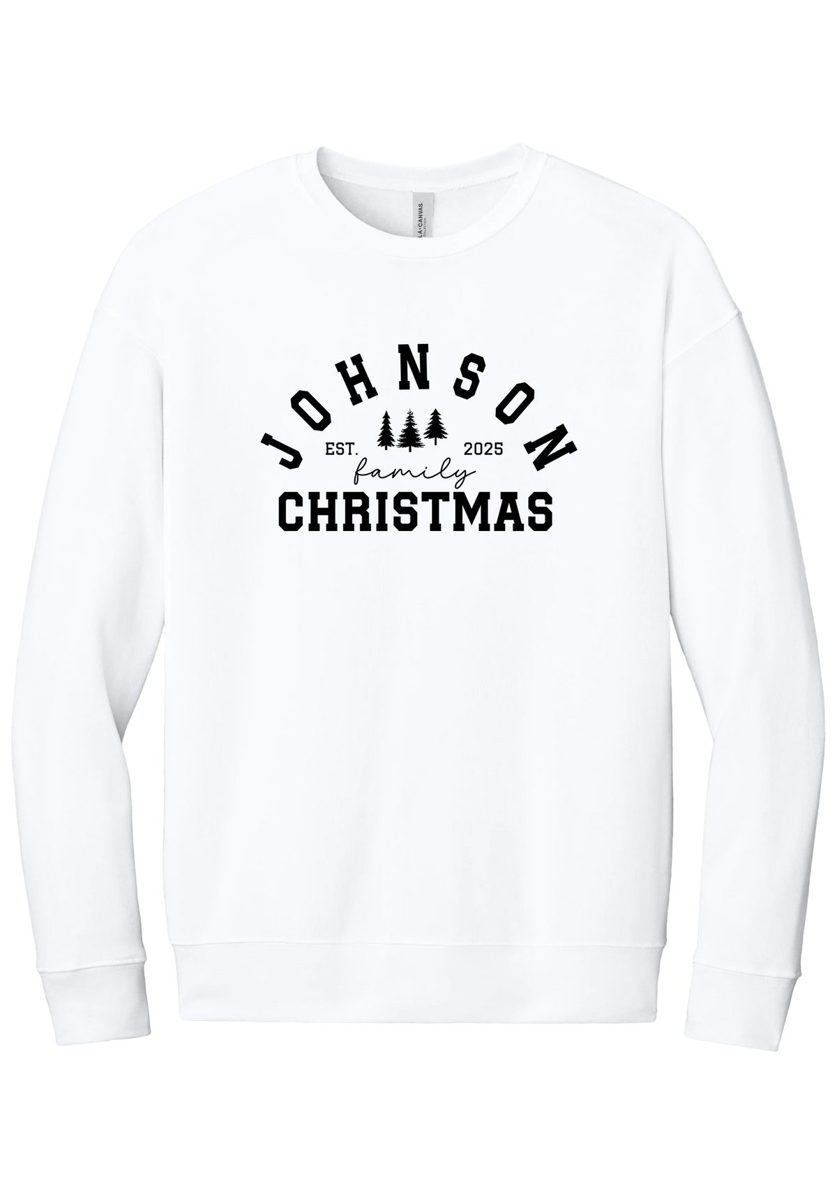 Personalized Family Christmas crewneck sweatshirt in White, featuring an arched family name over pine trees with EST. year and family Christmas lettering
