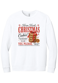 Farm Fresh Christmas Cookies crewneck sweatshirt in White, featuring a vintage farmhouse bakery sign with a stack of Christmas cookies tied in a red bow, a dried orange slice, and red and black lettering