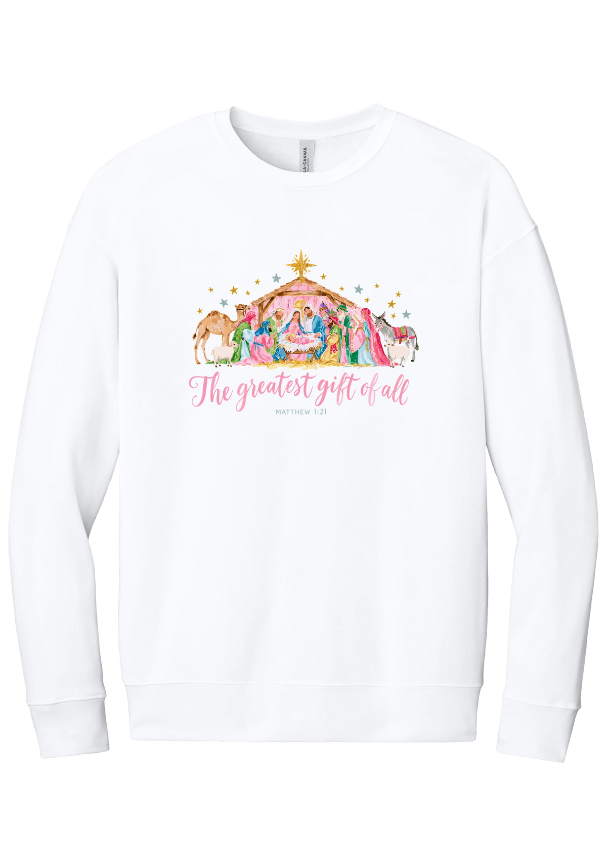 The Greatest Gift of All crewneck sweatshirt in White, featuring a pastel watercolor nativity scene under the star with The Greatest Gift of All script and Matthew 1:21