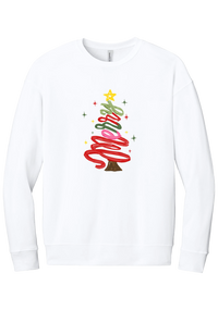 Hand Script Merry Christmas Tree crewneck sweatshirt in White, featuring loopy hand-drawn script in red, pink, and green forming a Christmas tree with a gold star and sparkles