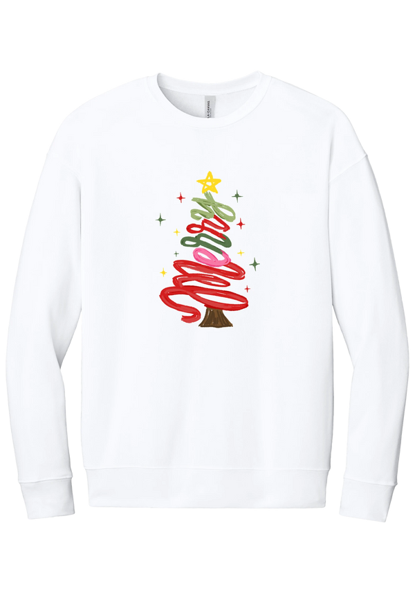 Hand Script Merry Christmas Tree crewneck sweatshirt in White, featuring loopy hand-drawn script in red, pink, and green forming a Christmas tree with a gold star and sparkles