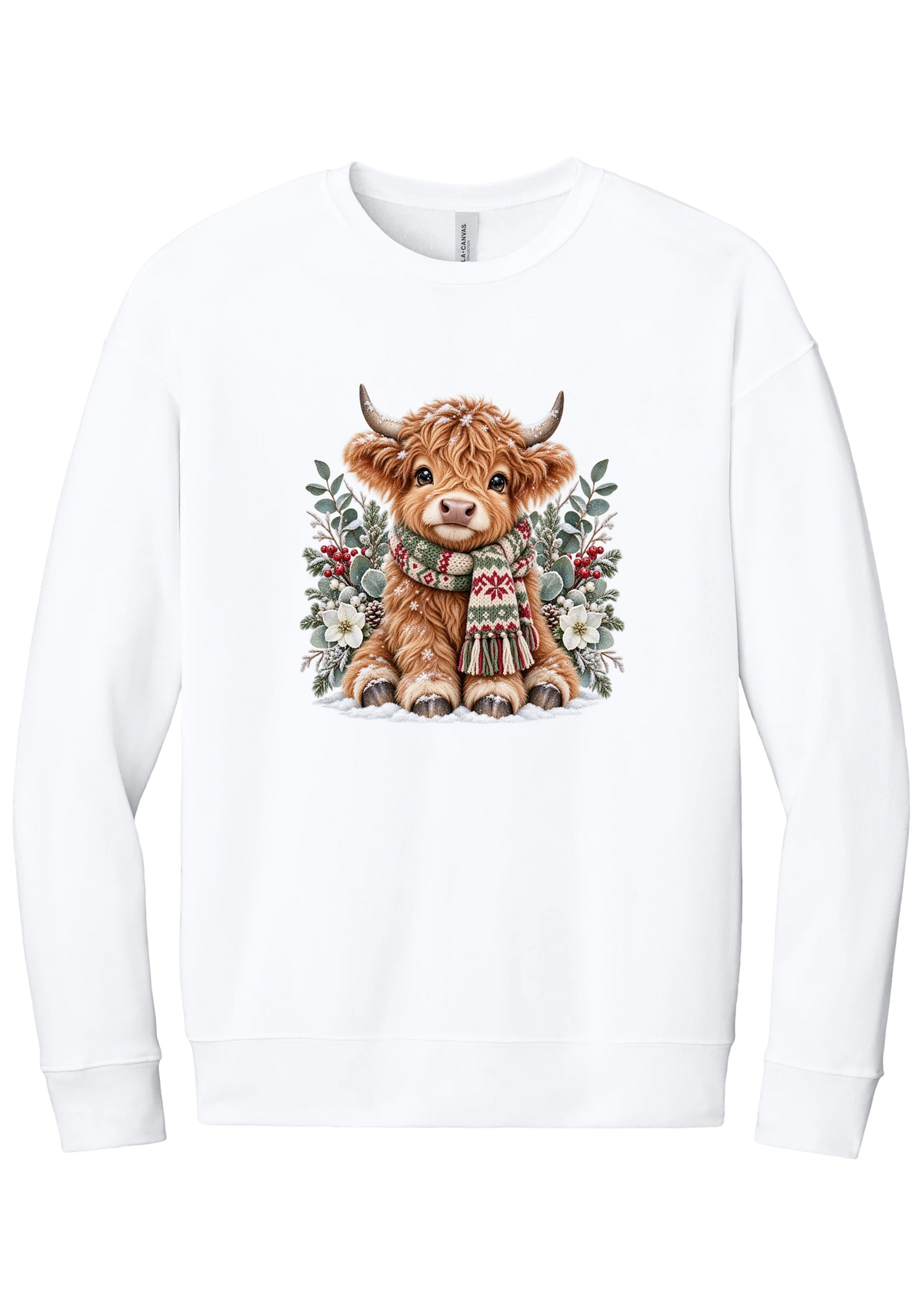 Highland Holidays crewneck sweatshirt in White, featuring a fluffy baby Highland cow in a Fair Isle knit scarf, surrounded by frosted eucalyptus, pine, red berries, and white Christmas roses