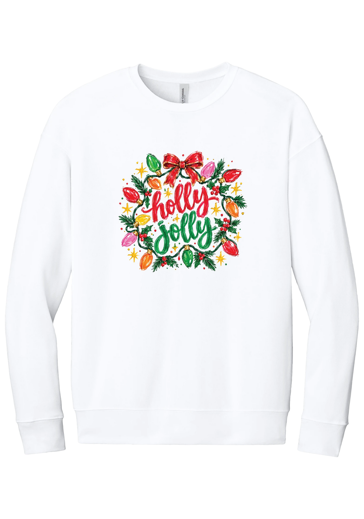 Holly Jolly Christmas Lights crewneck sweatshirt in White, featuring hand-lettered holly jolly script framed by vintage Christmas bulb lights, pine, holly berries, and a red bow