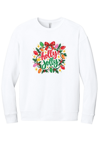 Holly Jolly Christmas Lights crewneck sweatshirt in White, featuring hand-lettered holly jolly script framed by vintage Christmas bulb lights, pine, holly berries, and a red bow