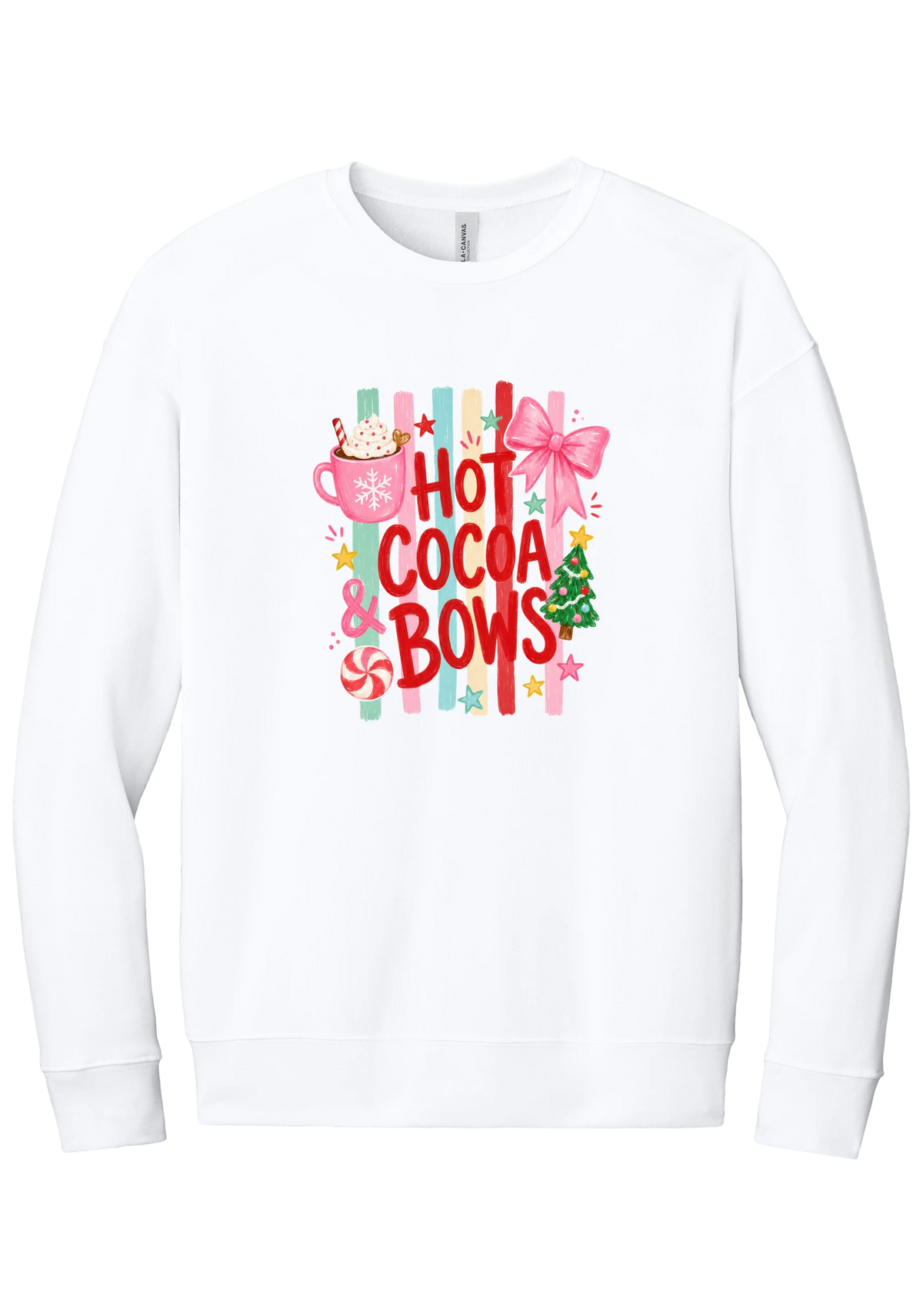 Hot Cocoa and Bows crewneck sweatshirt in White, featuring red HOT COCOA and BOWS letters on pastel stripes with a cocoa mug and a pink bow