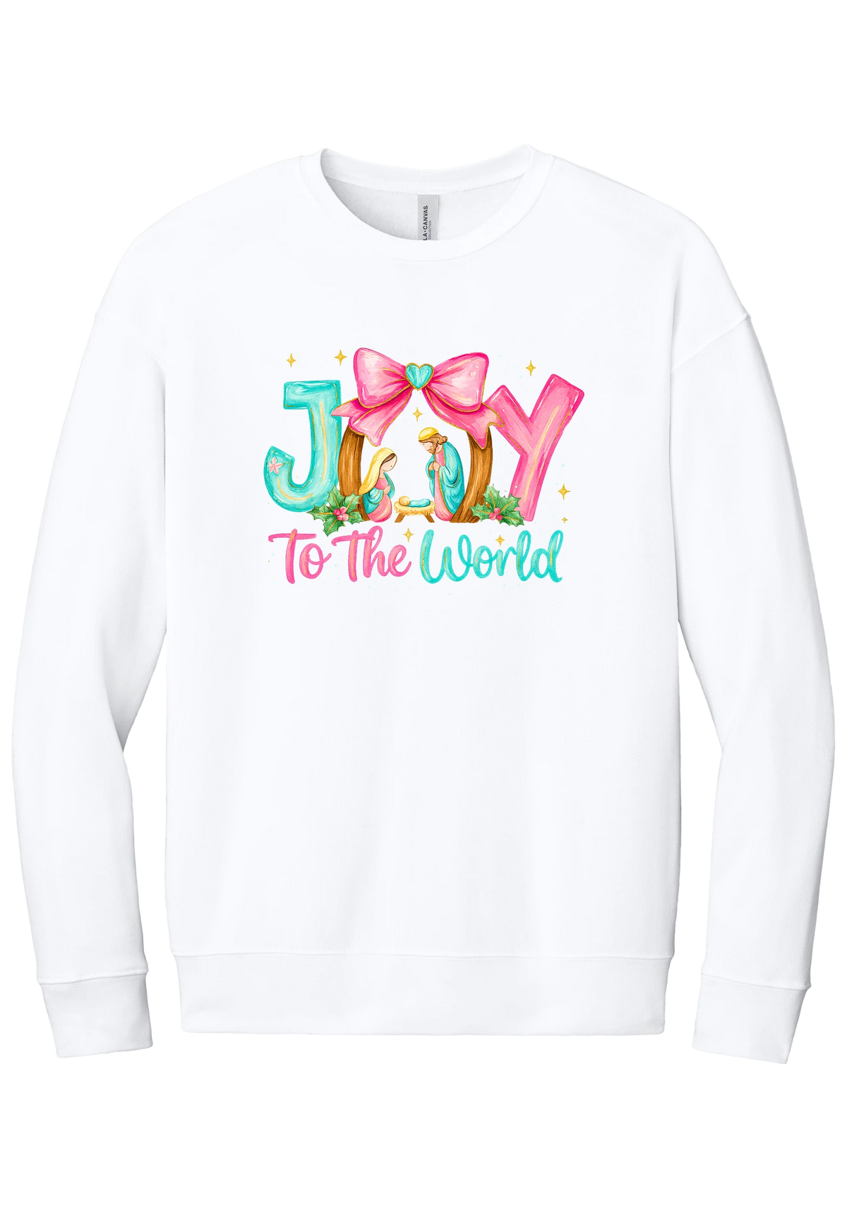 Joy to the World Nativity crewneck sweatshirt in White, featuring painted JOY letters framing a nativity scene with a pink bow and To The World script