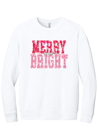 Merry and Bright Sequin crewneck sweatshirt in White, featuring varsity MERRY and BRIGHT letters with a pink and red sequin look