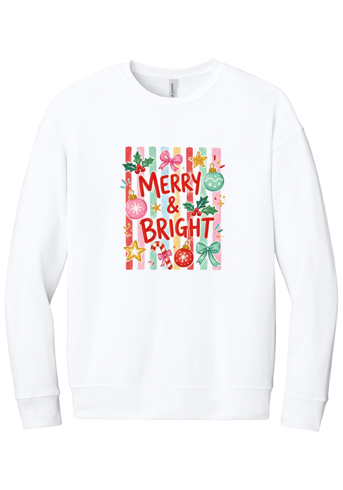 Merry and Bright Striped crewneck sweatshirt in White, featuring red MERRY and BRIGHT letters on pink and green stripes with ornaments and holly