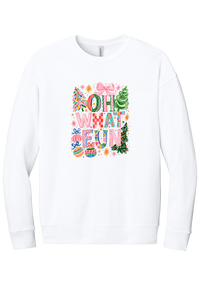 Oh What Fun crewneck sweatshirt in White, featuring hand-painted Oh What Fun letters with pink bows, whimsical Christmas trees, and ornaments