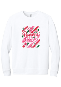 Peppermint Princess crewneck sweatshirt in White, featuring pink Peppermint Princess script with candy canes, a crown, and bows on red and green brush strokes