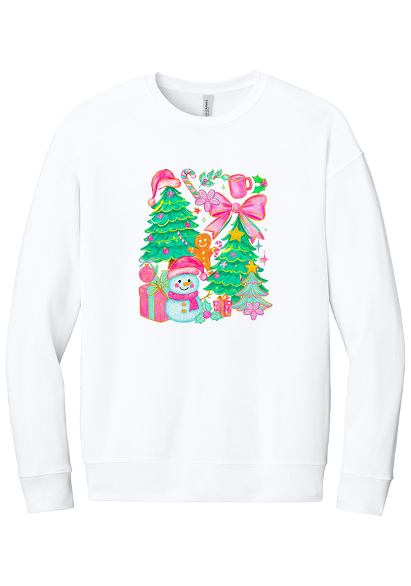 Preppy Christmas Doodle crewneck sweatshirt in White, featuring a doodle collage of Christmas trees, a snowman, a gingerbread man, gifts, and pink bows