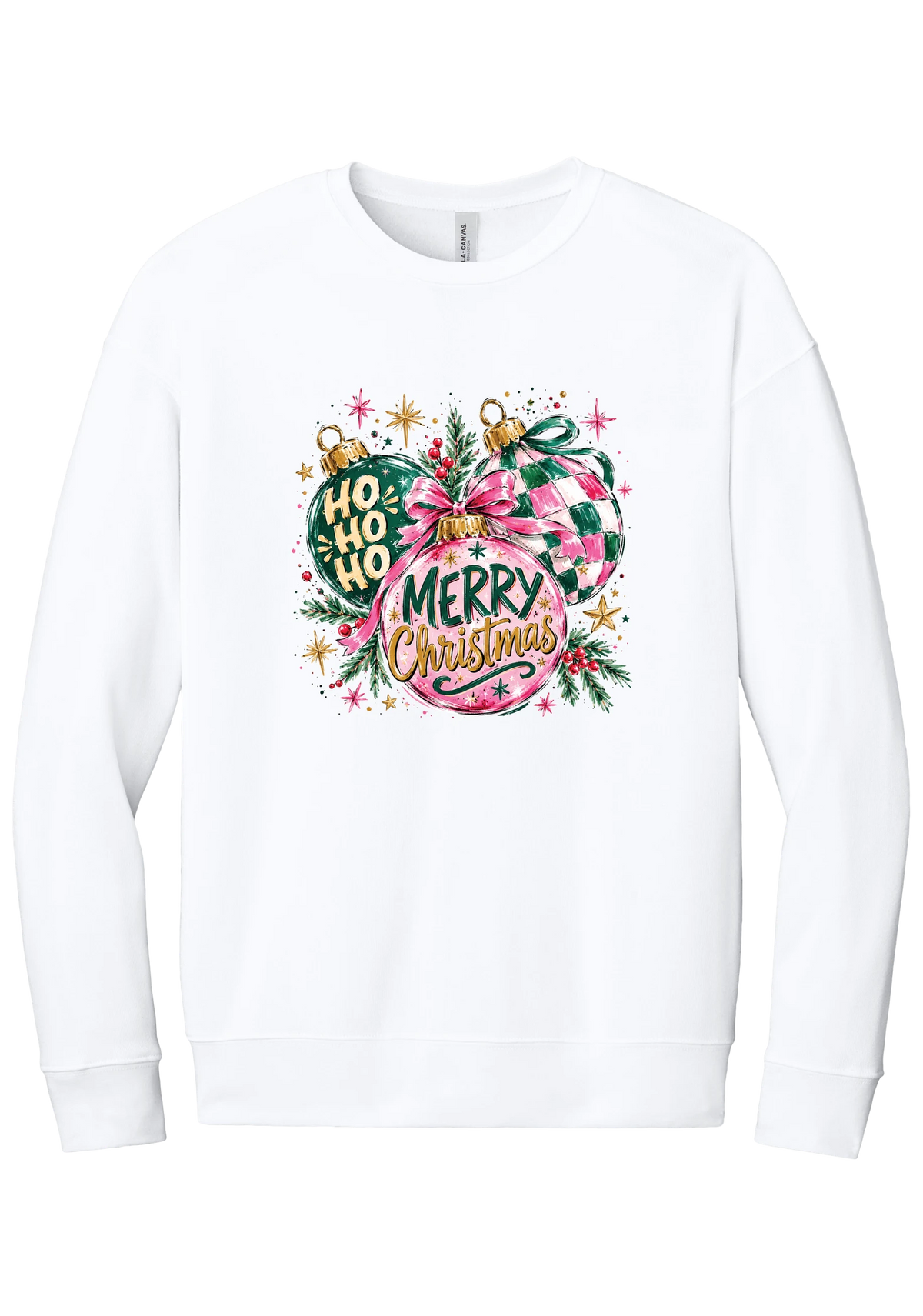 Preppy Christmas Decorations crewneck sweatshirt in White, featuring preppy pink and green Christmas ornaments with checkerboard, ribbon bows, HO HO HO, and Merry Christmas in gold script