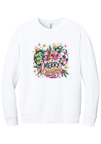 Preppy Christmas Decorations crewneck sweatshirt in White, featuring preppy pink and green Christmas ornaments with checkerboard, ribbon bows, HO HO HO, and Merry Christmas in gold script