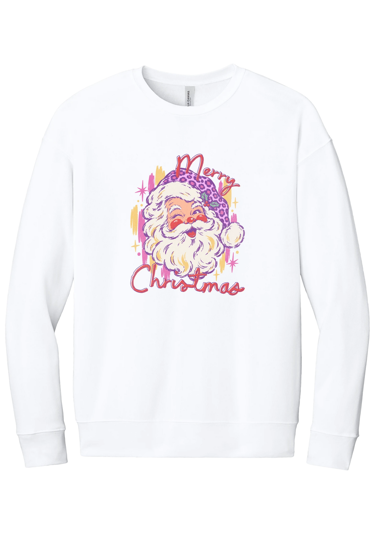 Preppy Santa (Pink Leopard) crewneck sweatshirt in White, featuring a vintage Santa in a pink leopard hat with Merry Christmas script and sparkles