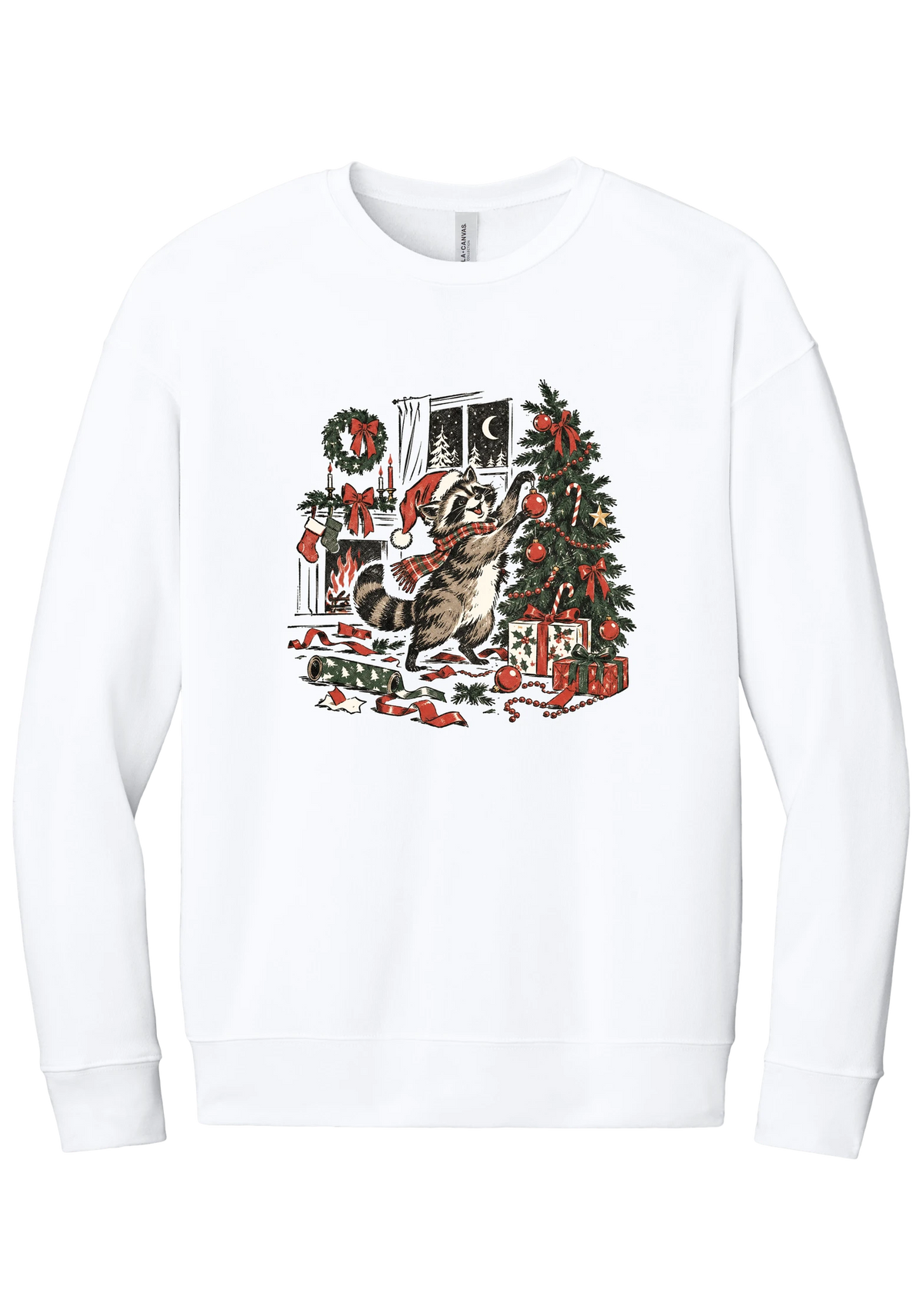 Raccoon Christmas crewneck sweatshirt in White, featuring a vintage-style raccoon in a Santa hat and plaid scarf decorating a Christmas tree by the fireplace with ribbon and gifts scattered around