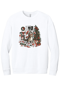 Raccoon Christmas crewneck sweatshirt in White, featuring a vintage-style raccoon in a Santa hat and plaid scarf decorating a Christmas tree by the fireplace with ribbon and gifts scattered around