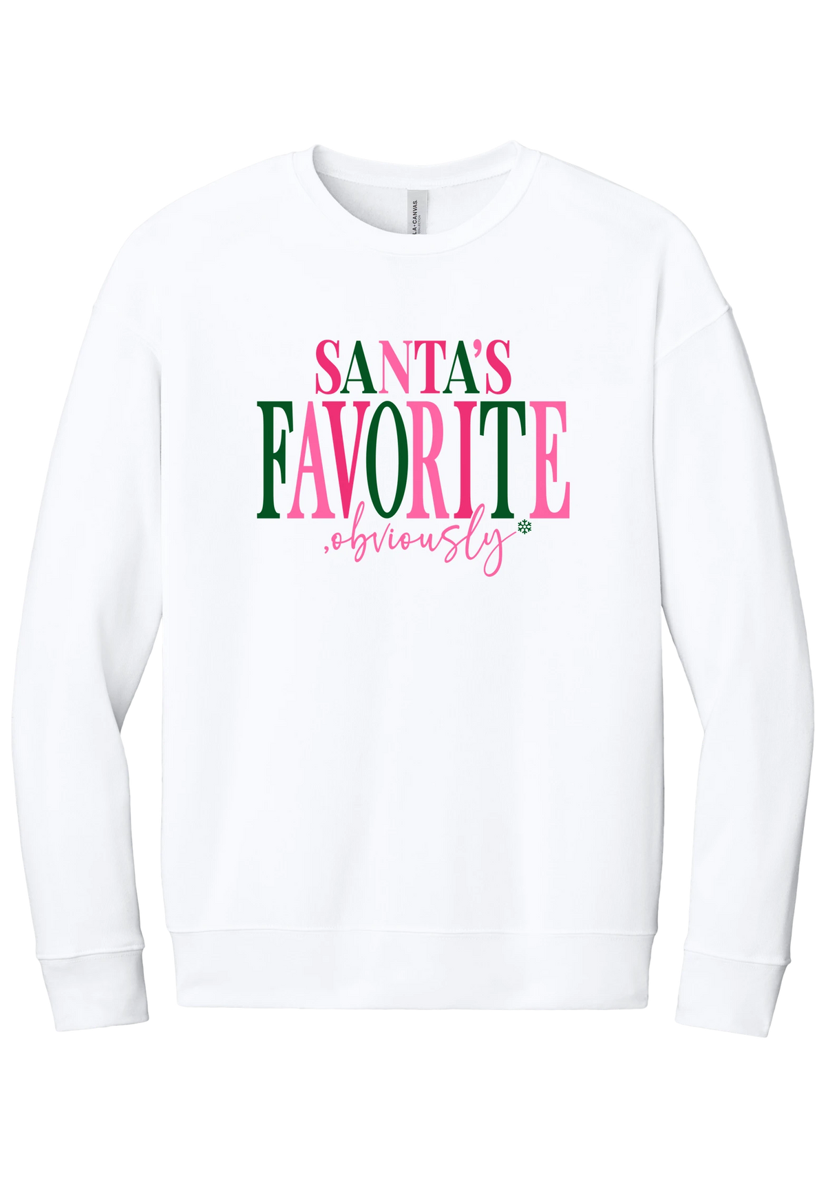 Santa's Favorite, Obviously crewneck sweatshirt in White, featuring SANTA'S FAVORITE in pink and green serif lettering with a pink script obviously and a green snowflake