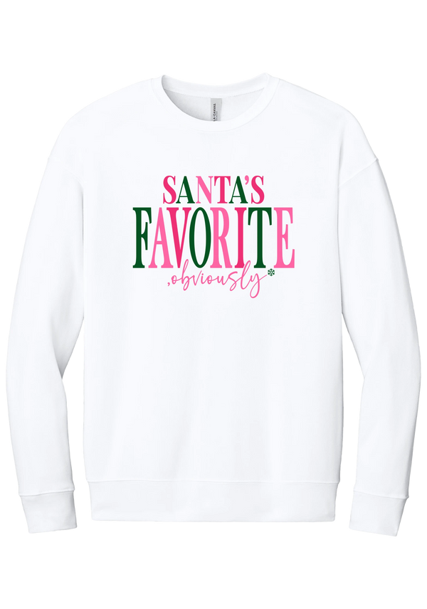 Santa's Favorite, Obviously crewneck sweatshirt in White, featuring SANTA'S FAVORITE in pink and green serif lettering with a pink script obviously and a green snowflake
