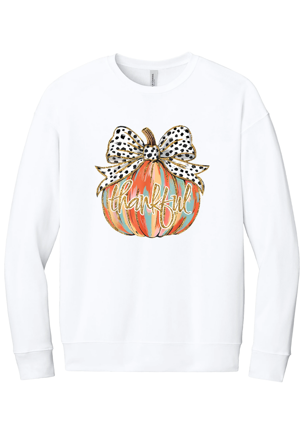 Thankful Pumpkin Bow crewneck sweatshirt in White, featuring a painted pumpkin with a spotted bow and thankful in gold glitter script