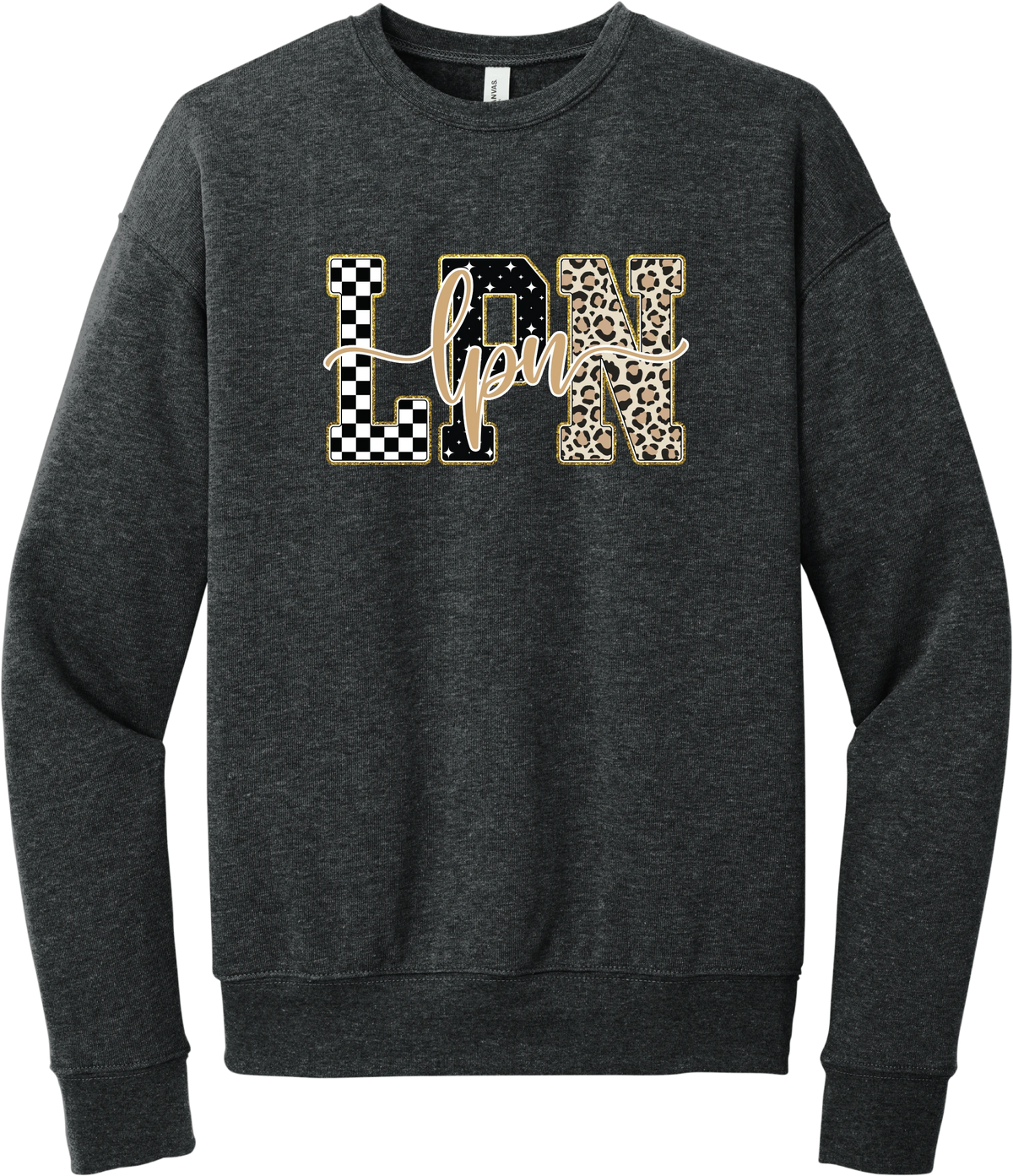 Glitzy Patterned LPN crewneck sweatshirt in Dark Grey Heather, featuring LPN block letters in checkerboard, sparkle star, and leopard patterns with a gold glitter outline and lpn script