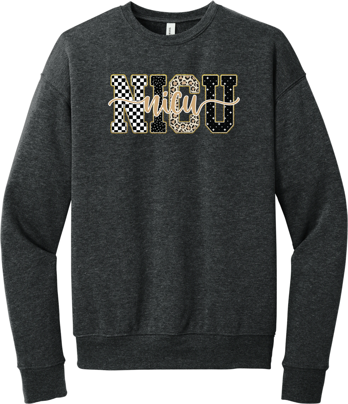Glitzy Patterned NICU crewneck sweatshirt in Dark Grey Heather, featuring NICU block letters in checkerboard, polka dot, leopard, and starry patterns with a gold glitter outline and nicu script