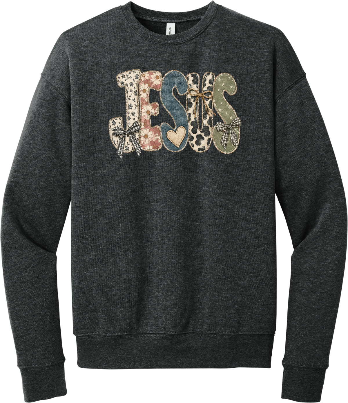 Jesus Patchwork crewneck sweatshirt in Dark Grey Heather, featuring JESUS in patchwork letters of floral, leopard, denim, and cow print with gingham bows and a heart