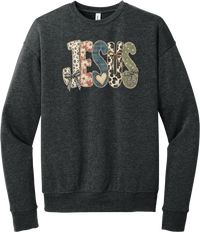 Jesus Patchwork crewneck sweatshirt in Dark Grey Heather, featuring JESUS in patchwork letters of floral, leopard, denim, and cow print with gingham bows and a heart