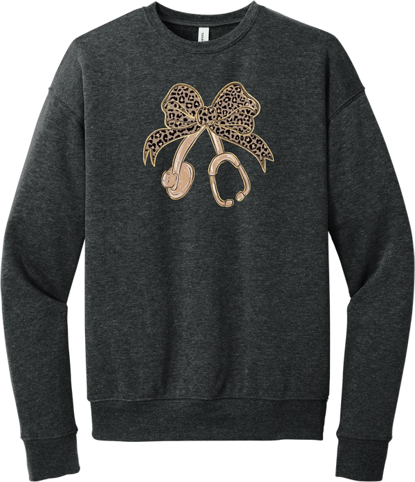 Leopard Bow Stethoscope crewneck sweatshirt in Dark Grey Heather, featuring a glittery leopard print coquette bow tied to a rose gold stethoscope