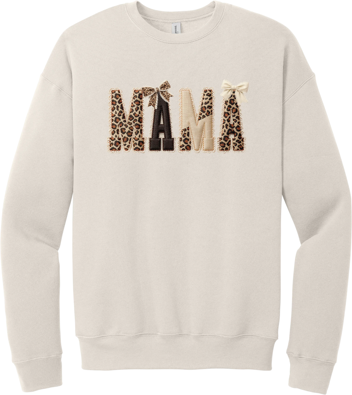 Mama Leopard Applique crewneck sweatshirt in Heather Dust, featuring MAMA spelled out in leopard, cream, and chocolate patches with a scalloped stitched applique look and two bows