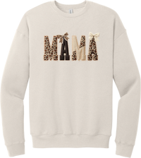 Mama Leopard Applique crewneck sweatshirt in Heather Dust, featuring MAMA spelled out in leopard, cream, and chocolate patches with a scalloped stitched applique look and two bows