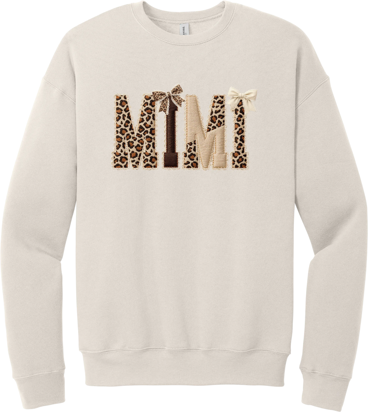 Grandma Leopard Applique crewneck sweatshirt in Heather Dust, featuring MIMI spelled out in leopard, cream, and chocolate patches with a scalloped stitched applique look and two bows