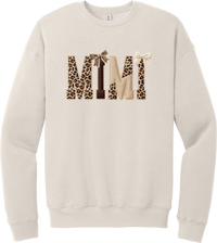Grandma Leopard Applique crewneck sweatshirt in Heather Dust, featuring MIMI spelled out in leopard, cream, and chocolate patches with a scalloped stitched applique look and two bows