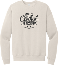 Clothed in Strength crewneck sweatshirt in Heather Dust, featuring She Is Clothed in Strength in hand lettered script with a small bow and Proverbs 31:25