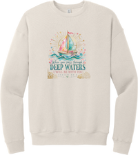 Deep Waters crewneck sweatshirt in Heather Dust, featuring a watercolor sailboat on sparkling waves with When You Pass Through Deep Waters I Will Be With You lettering and Isaiah 43:2