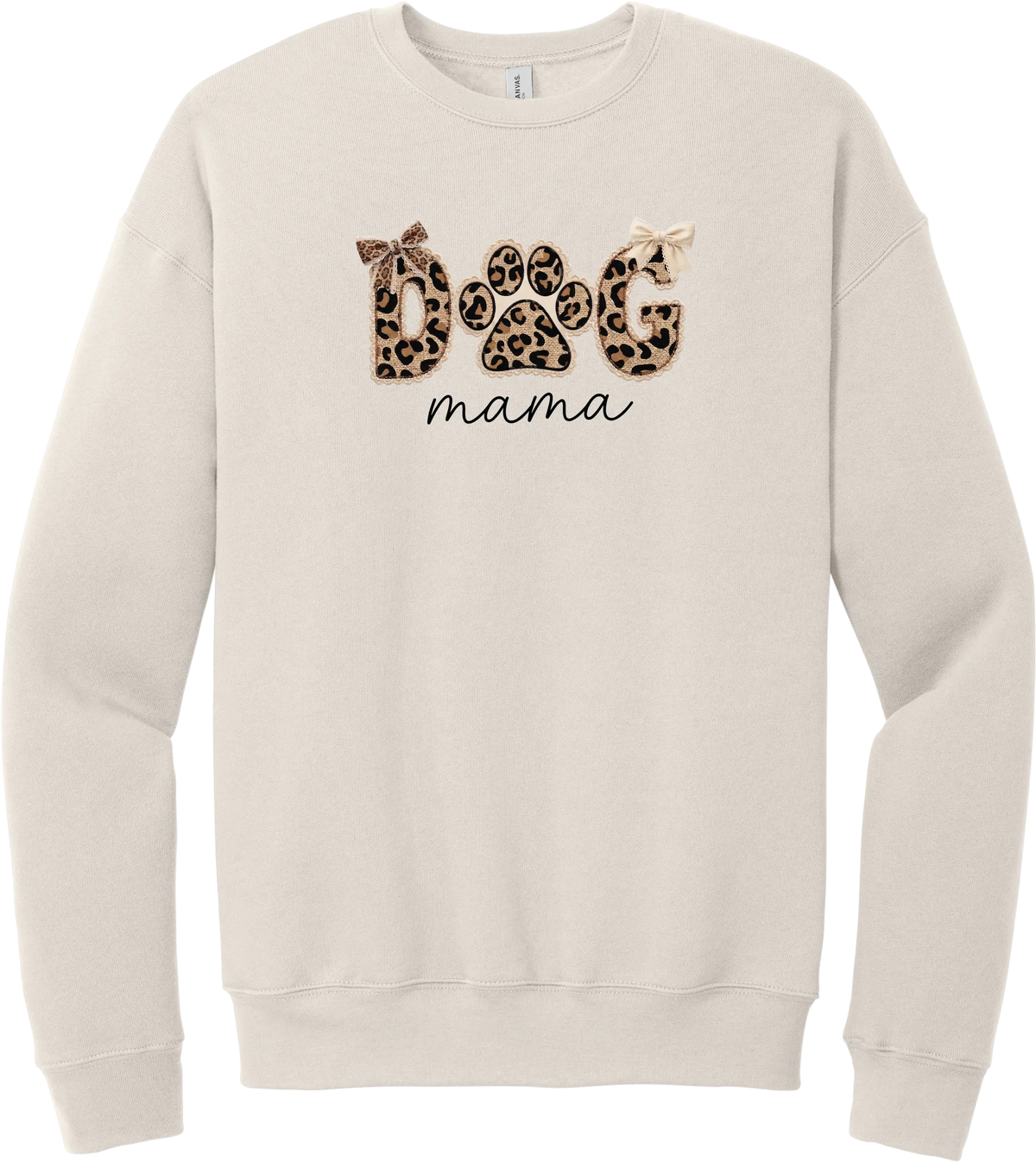 Autumn Dog Mama crewneck sweatshirt in Heather Dust, featuring leopard print DOG letters with a paw print, cream bows, and mama script